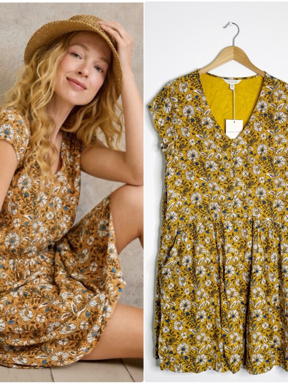 Garnet Hill NWT Floral Dress Medium Yellow Blue V-Neck Pockets Lenzing Medium